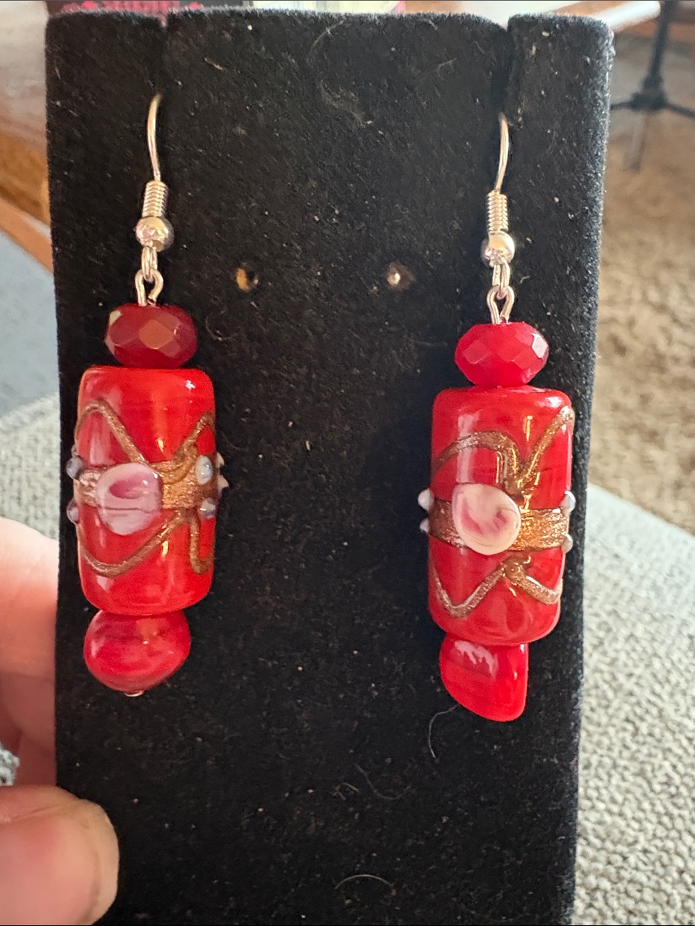 Hand Crafted Red Glass Birthday Cake Dangle Earrings with Ruby Accents